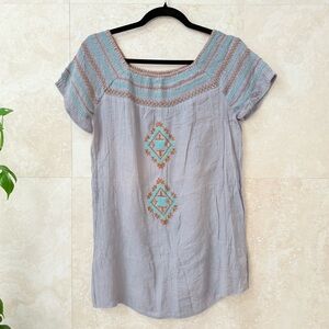 THML Gray Embroidered Boho Blouse Smocked Neck Turquoise Rust Motifs Medium